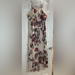 Floral Chiffon Maxi Dress - Cream with Burgundy Roses